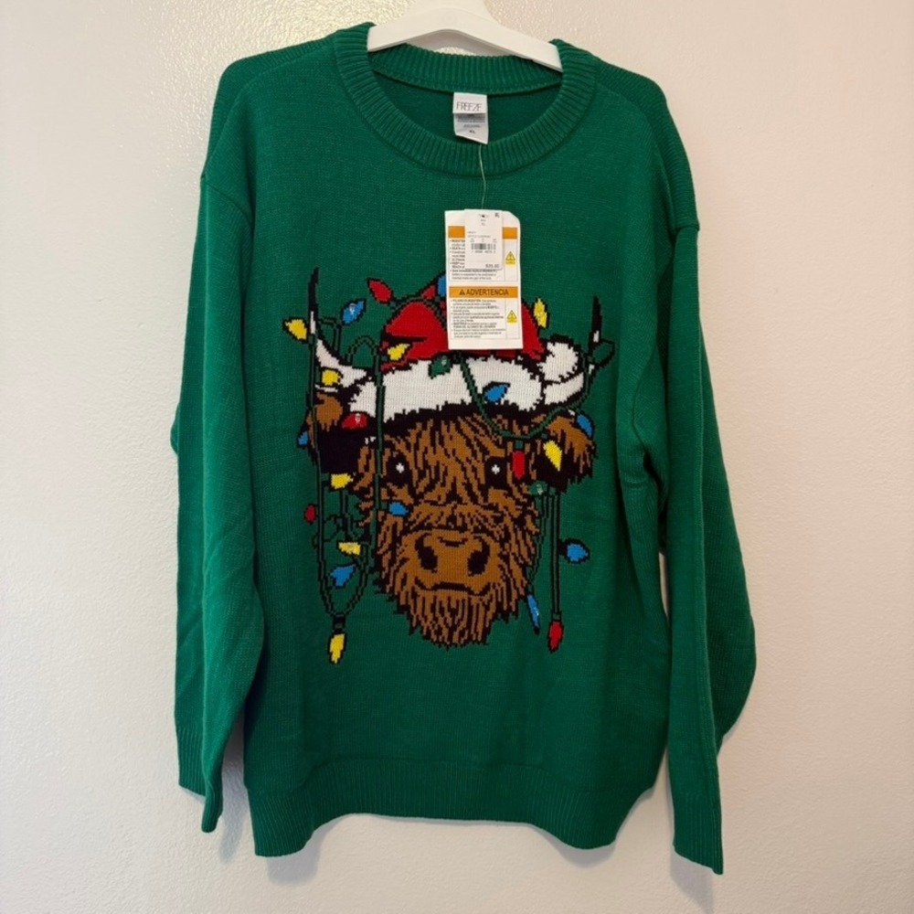 Freeze Mens Highland Cow Light Up Christmas Sweater Green XL